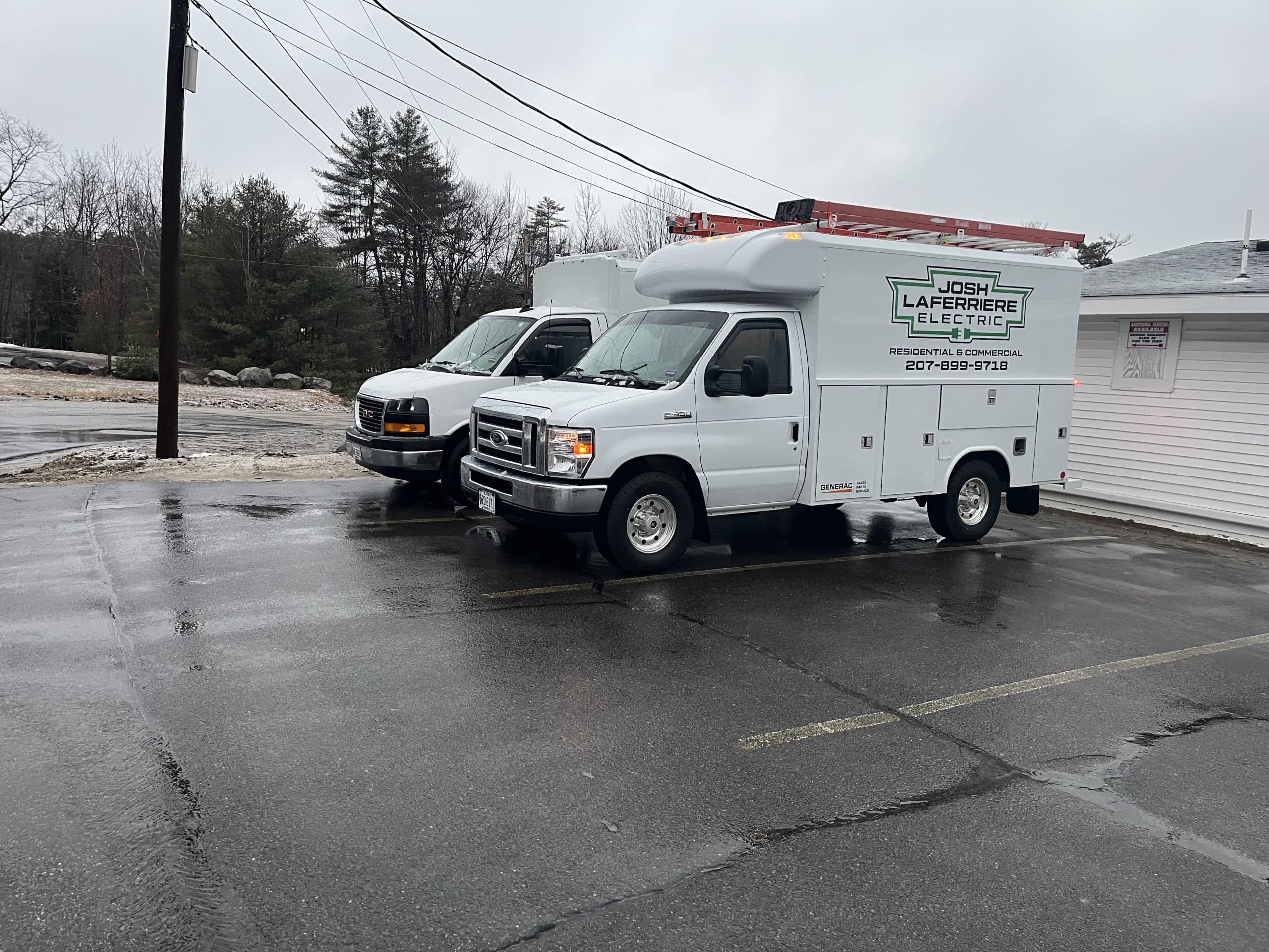 Josh Laferriere Electric branded service vehicle in Westbrook Maine